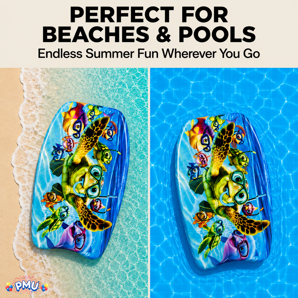 PMU 26 Inch Graphics Printed Bodyboard - Lightweight Wrist Leash Slick Bottom Boogie Board for Beach, Sea & Pool - Surfing Board for Kids, Teens & Adults Wave Conditions  Pkg/1