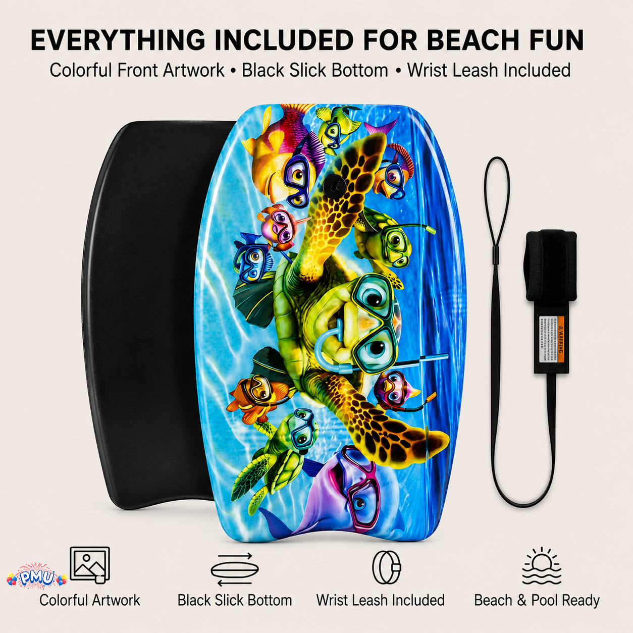 PMU 26 Inch Graphics Printed Bodyboard - Lightweight Wrist Leash Slick Bottom Boogie Board for Beach, Sea & Pool - Surfing Board for Kids, Teens & Adults Wave Conditions  Pkg/1
