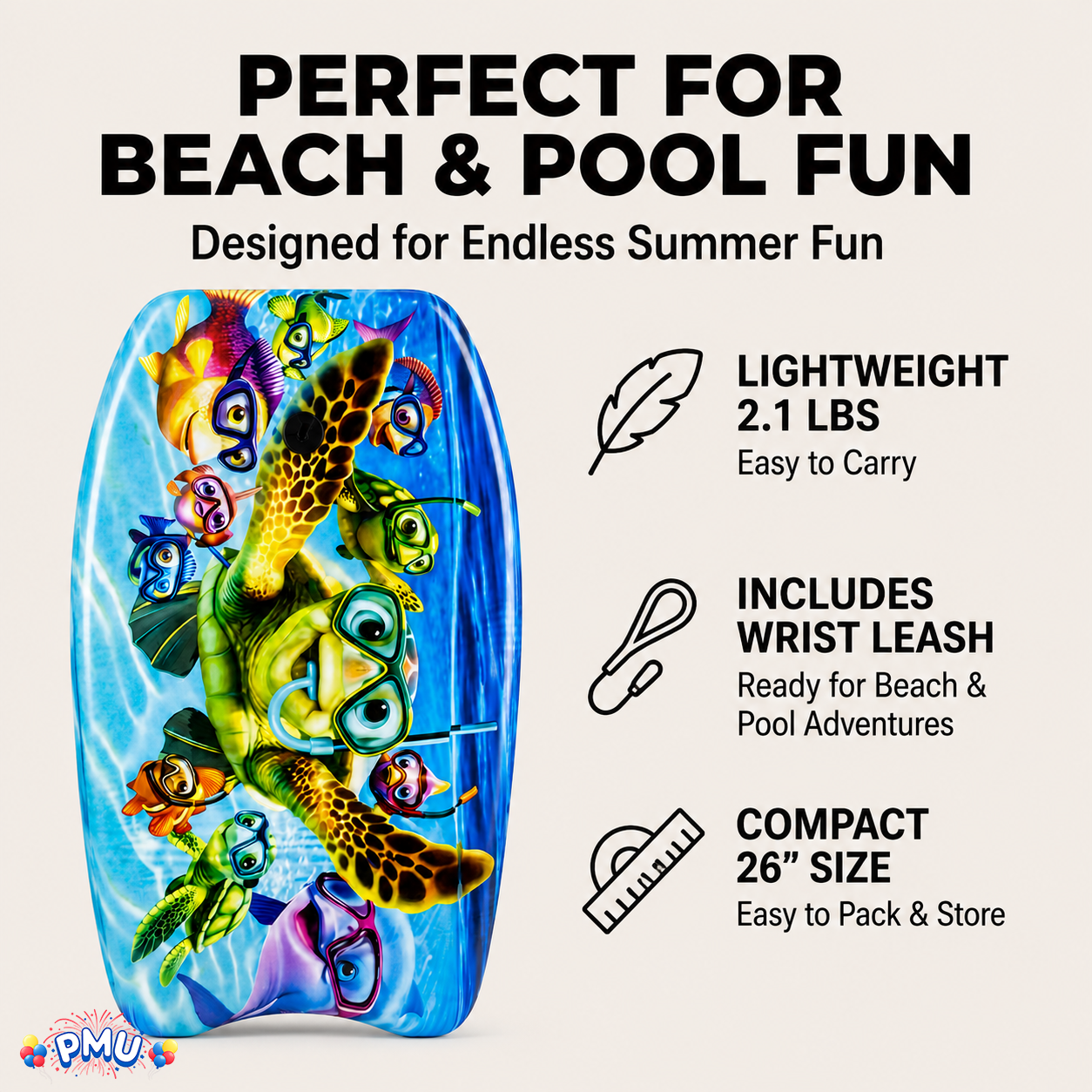 PMU 26 Inch Graphics Printed Bodyboard - Lightweight Wrist Leash Slick Bottom Boogie Board for Beach, Sea & Pool - Surfing Board for Kids, Teens & Adults Wave Conditions  Pkg/1