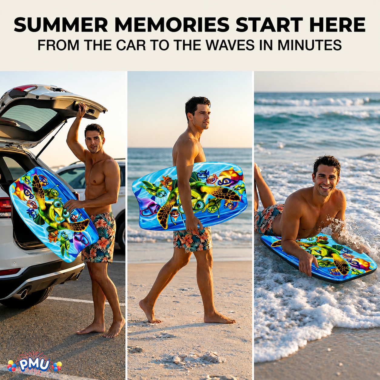 PMU 26 Inch Graphics Printed Bodyboard - Lightweight Wrist Leash Slick Bottom Boogie Board for Beach, Sea & Pool - Surfing Board for Kids, Teens & Adults Wave Conditions  Pkg/1