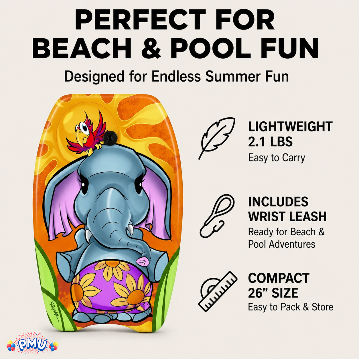 PMU 26 Inch Graphics Printed Bodyboard - Lightweight Wrist Leash Slick Bottom Boogie Board for Beach, Sea & Pool - Surfing Board for Kids, Teens & Adults Wave Conditions  Pkg/1