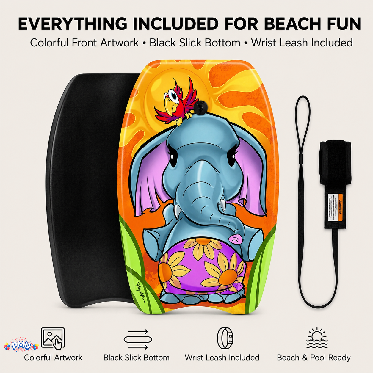 PMU 26 Inch Graphics Printed Bodyboard - Lightweight Wrist Leash Slick Bottom Boogie Board for Beach, Sea & Pool - Surfing Board for Kids, Teens & Adults Wave Conditions  Pkg/1