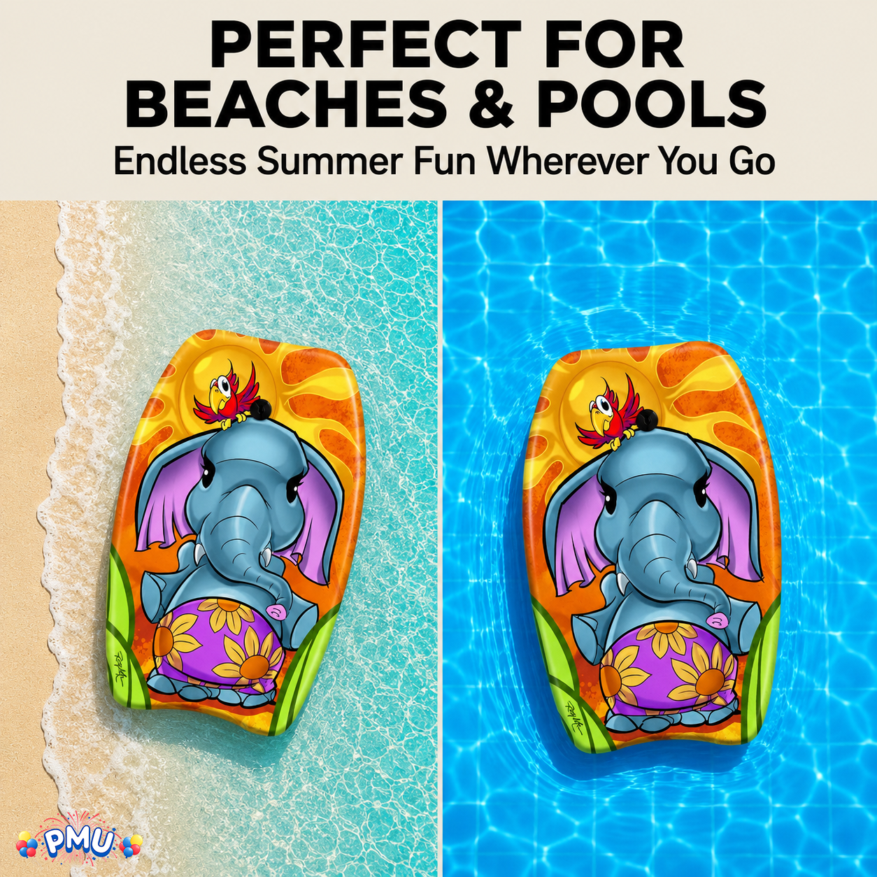 PMU 26 Inch Graphics Printed Bodyboard - Lightweight Wrist Leash Slick Bottom Boogie Board for Beach, Sea & Pool - Surfing Board for Kids, Teens & Adults Wave Conditions  Pkg/1