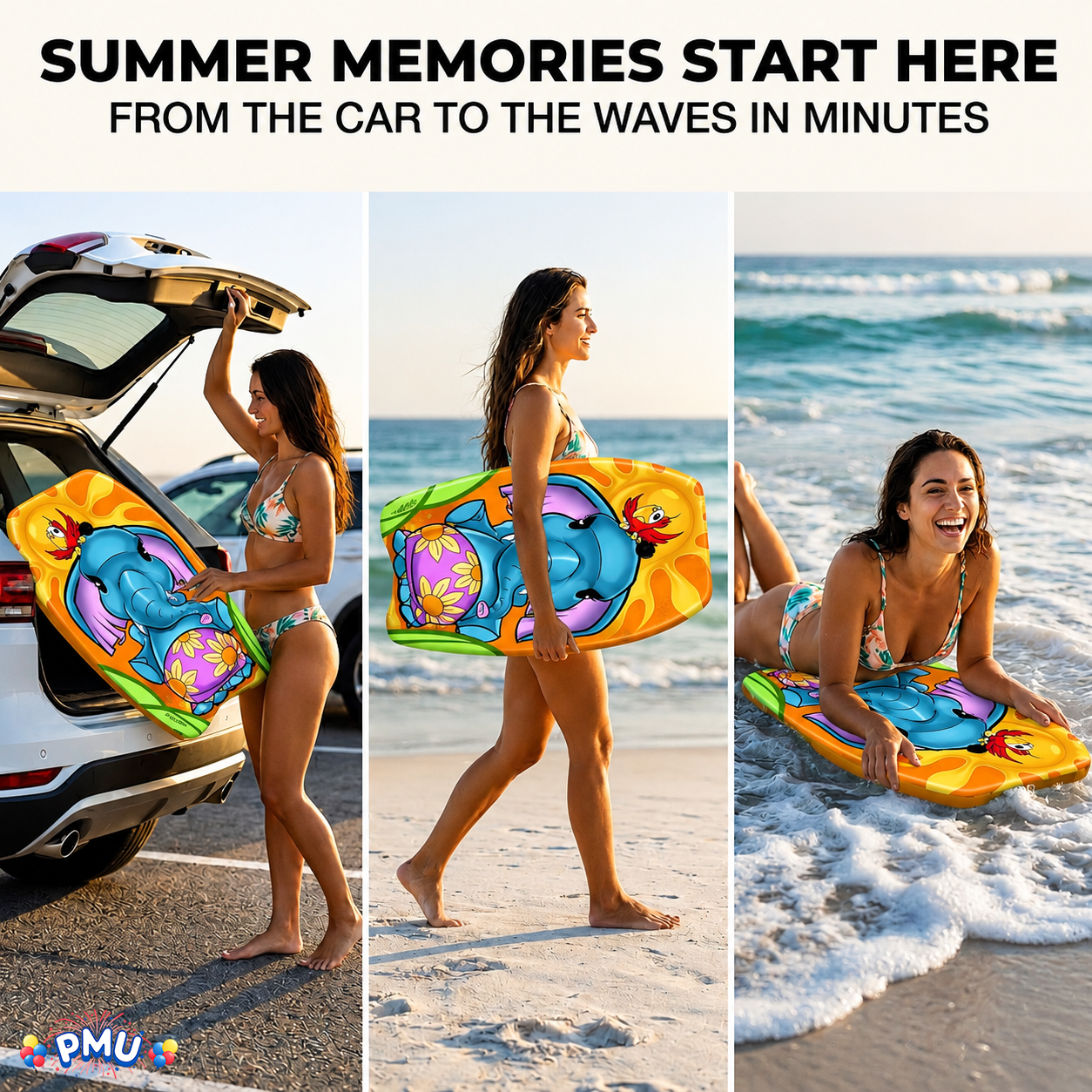 PMU 26 Inch Graphics Printed Bodyboard - Lightweight Wrist Leash Slick Bottom Boogie Board for Beach, Sea & Pool - Surfing Board for Kids, Teens & Adults Wave Conditions  Pkg/1