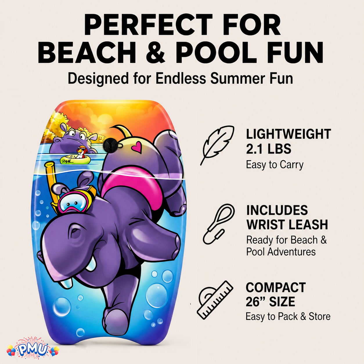 PMU 26 Inch Graphics Printed Bodyboard - Lightweight Wrist Leash Slick Bottom Boogie Board for Beach, Sea & Pool - Surfing Board for Kids, Teens & Adults Wave Conditions  Pkg/1
