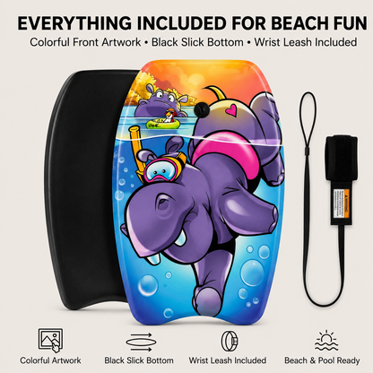 PMU 26 Inch Graphics Printed Bodyboard - Lightweight Wrist Leash Slick Bottom Boogie Board for Beach, Sea & Pool - Surfing Board for Kids, Teens & Adults Wave Conditions  Pkg/1