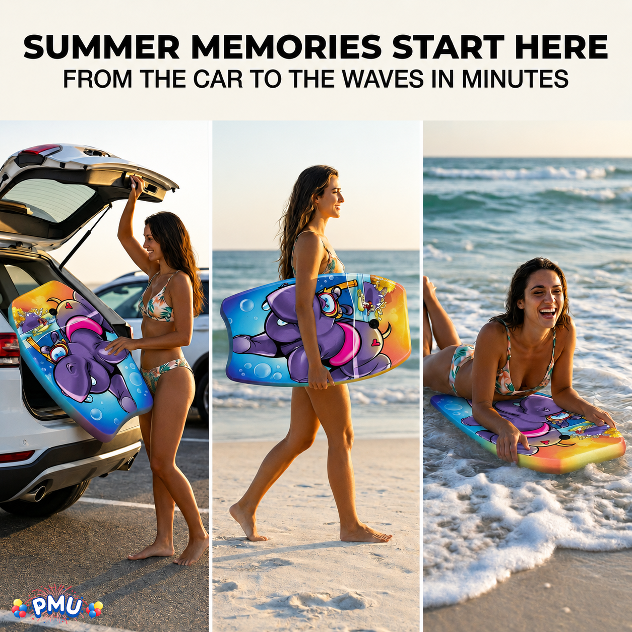 PMU 26 Inch Graphics Printed Bodyboard - Lightweight Wrist Leash Slick Bottom Boogie Board for Beach, Sea & Pool - Surfing Board for Kids, Teens & Adults Wave Conditions  Pkg/1