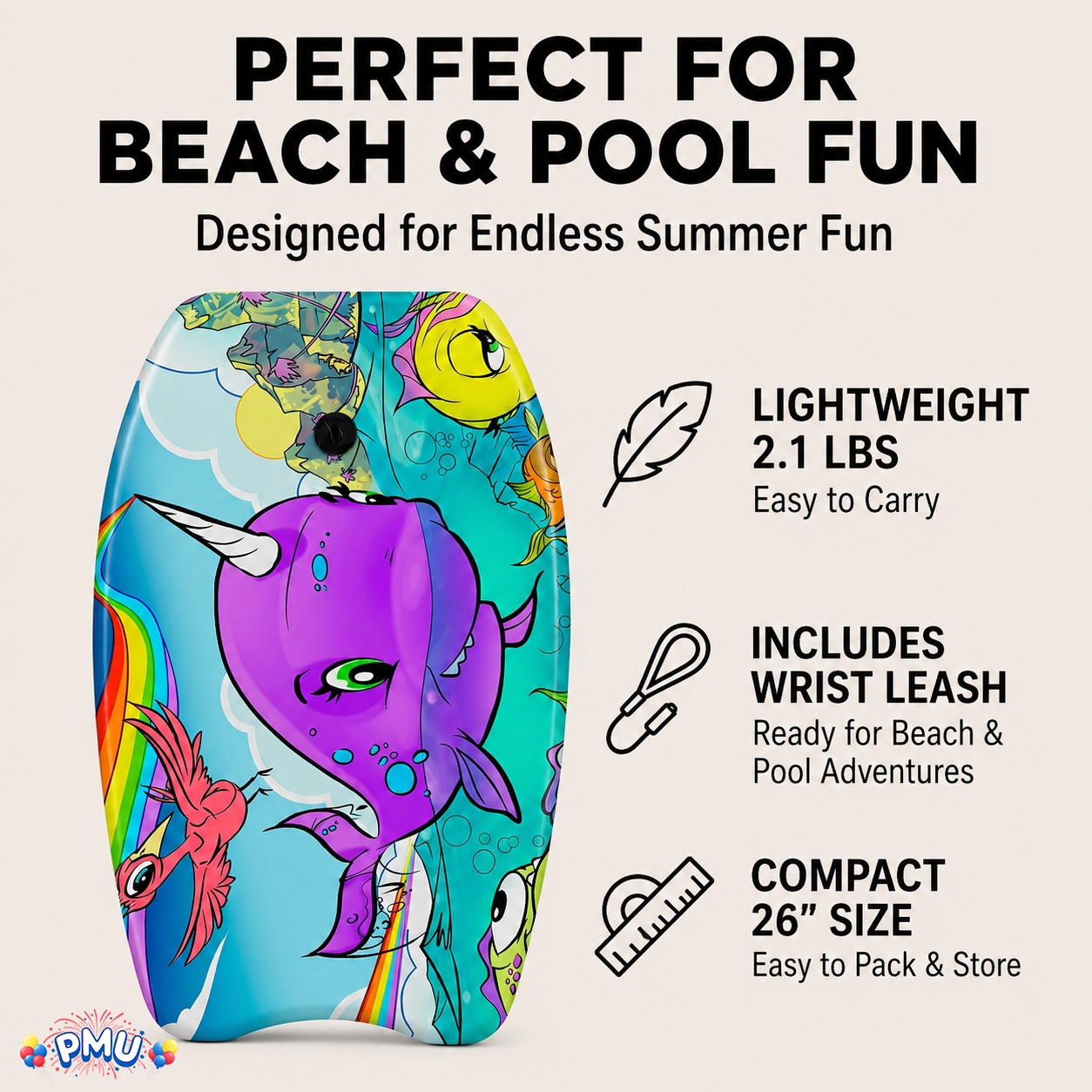 PMU 26 Inch Graphics Printed Bodyboard - Lightweight Wrist Leash Slick Bottom Boogie Board for Beach, Sea & Pool - Surfing Board for Kids, Teens & Adults Wave Conditions  Pkg/1