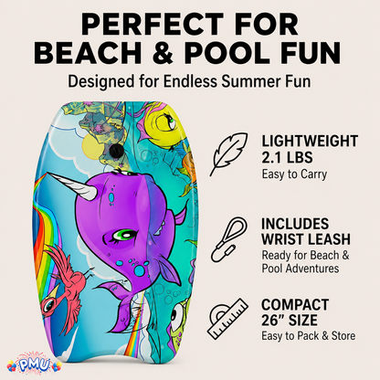 PMU 26 Inch Graphics Printed Bodyboard - Lightweight Wrist Leash Slick Bottom Boogie Board for Beach, Sea & Pool - Surfing Board for Kids, Teens & Adults Wave Conditions  Pkg/1