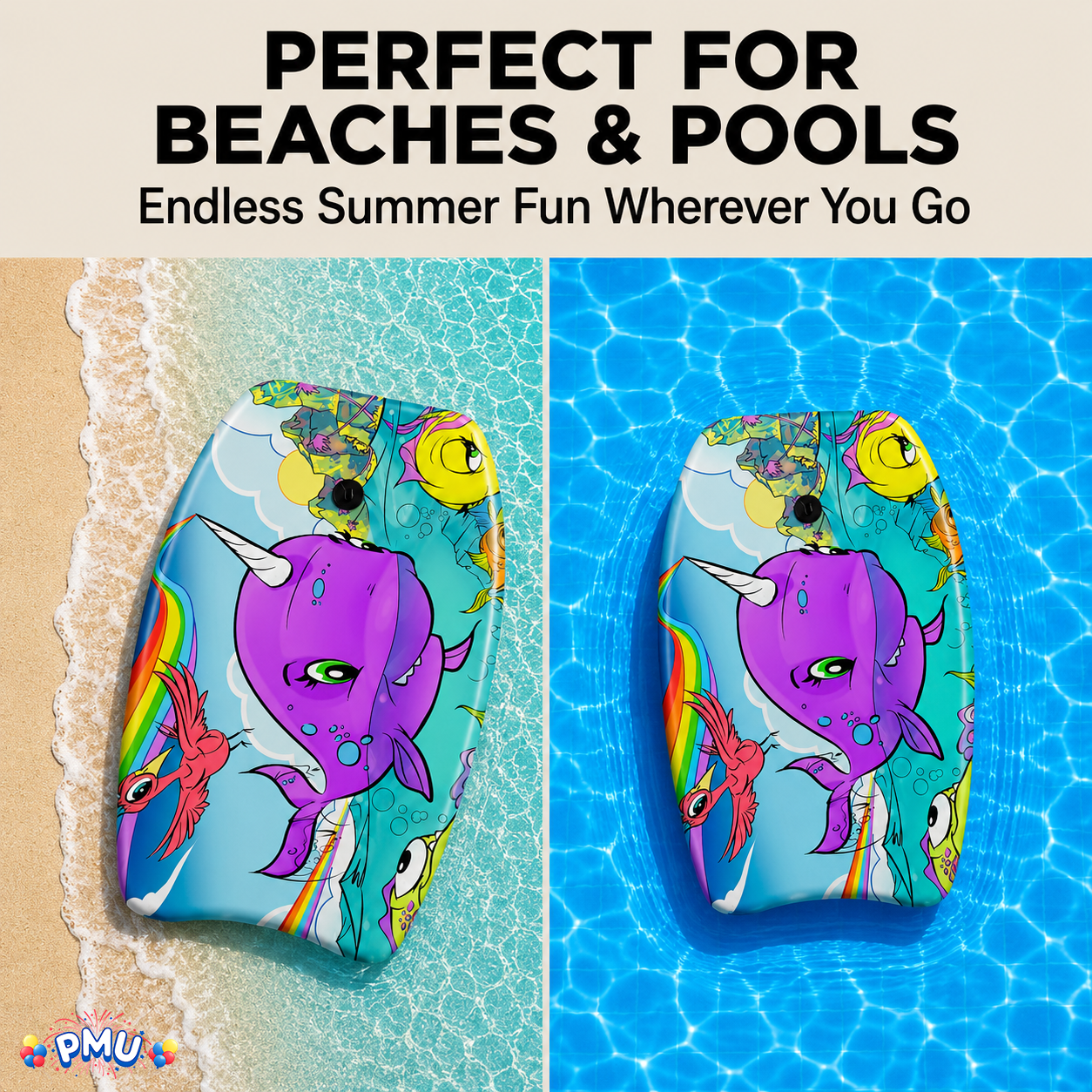 PMU 26 Inch Graphics Printed Bodyboard - Lightweight Wrist Leash Slick Bottom Boogie Board for Beach, Sea & Pool - Surfing Board for Kids, Teens & Adults Wave Conditions  Pkg/1