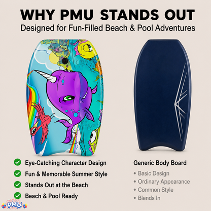 PMU 26 Inch Graphics Printed Bodyboard - Lightweight Wrist Leash Slick Bottom Boogie Board for Beach, Sea & Pool - Surfing Board for Kids, Teens & Adults Wave Conditions  Pkg/1