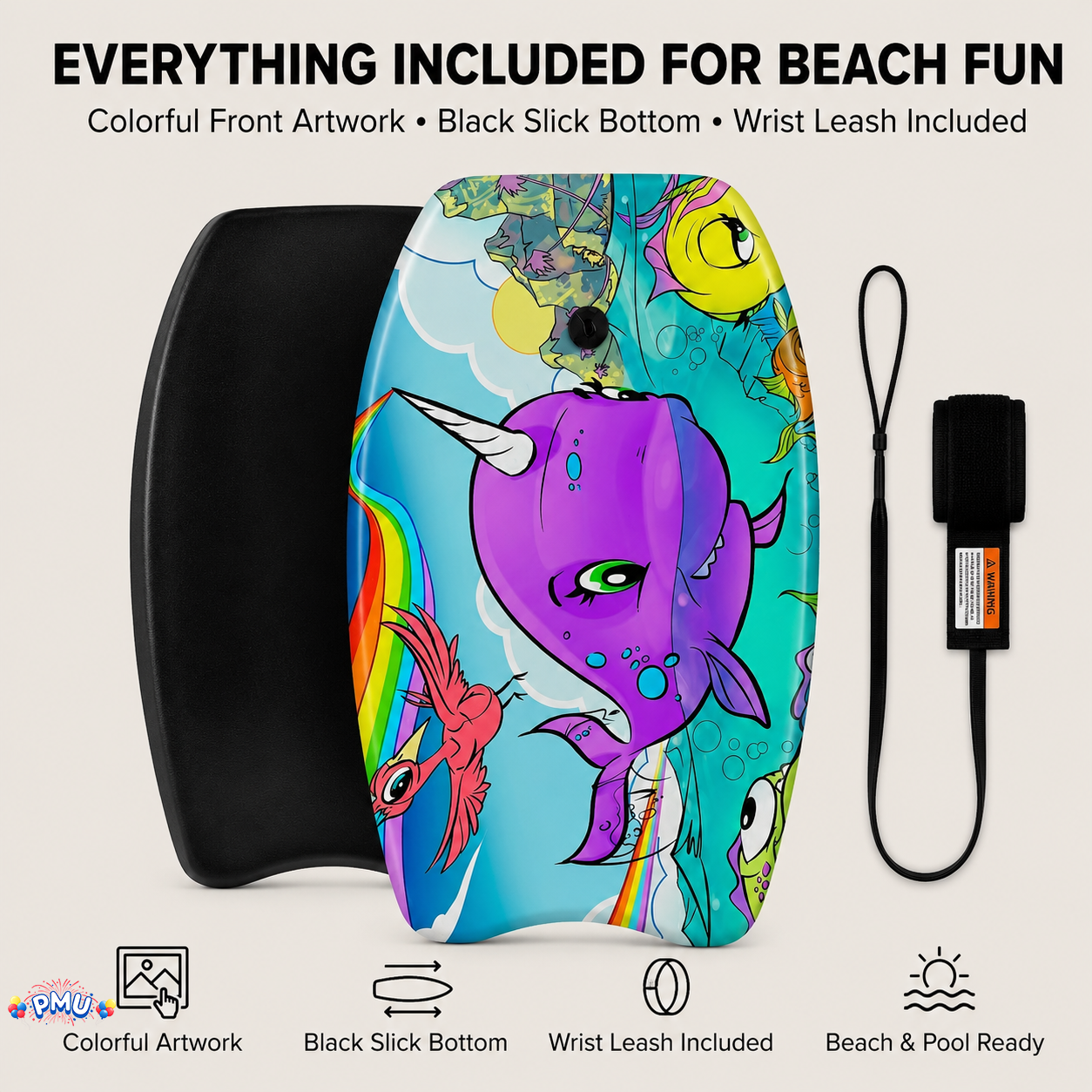PMU 26 Inch Graphics Printed Bodyboard - Lightweight Wrist Leash Slick Bottom Boogie Board for Beach, Sea & Pool - Surfing Board for Kids, Teens & Adults Wave Conditions  Pkg/1