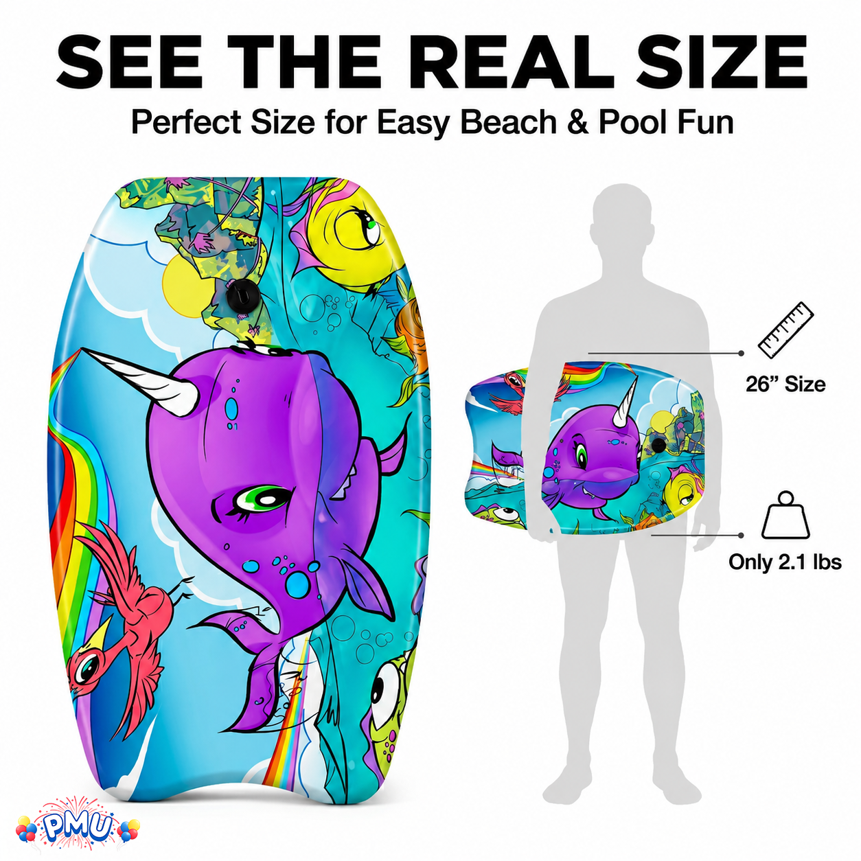 PMU 26 Inch Graphics Printed Bodyboard - Lightweight Wrist Leash Slick Bottom Boogie Board for Beach, Sea & Pool - Surfing Board for Kids, Teens & Adults Wave Conditions  Pkg/1