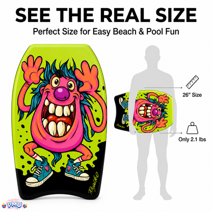 PMU 26 Inch Graphics Printed Bodyboard - Lightweight Wrist Leash Slick Bottom Boogie Board for Beach, Sea & Pool - Surfing Board for Kids, Teens & Adults Wave Conditions  Pkg/1