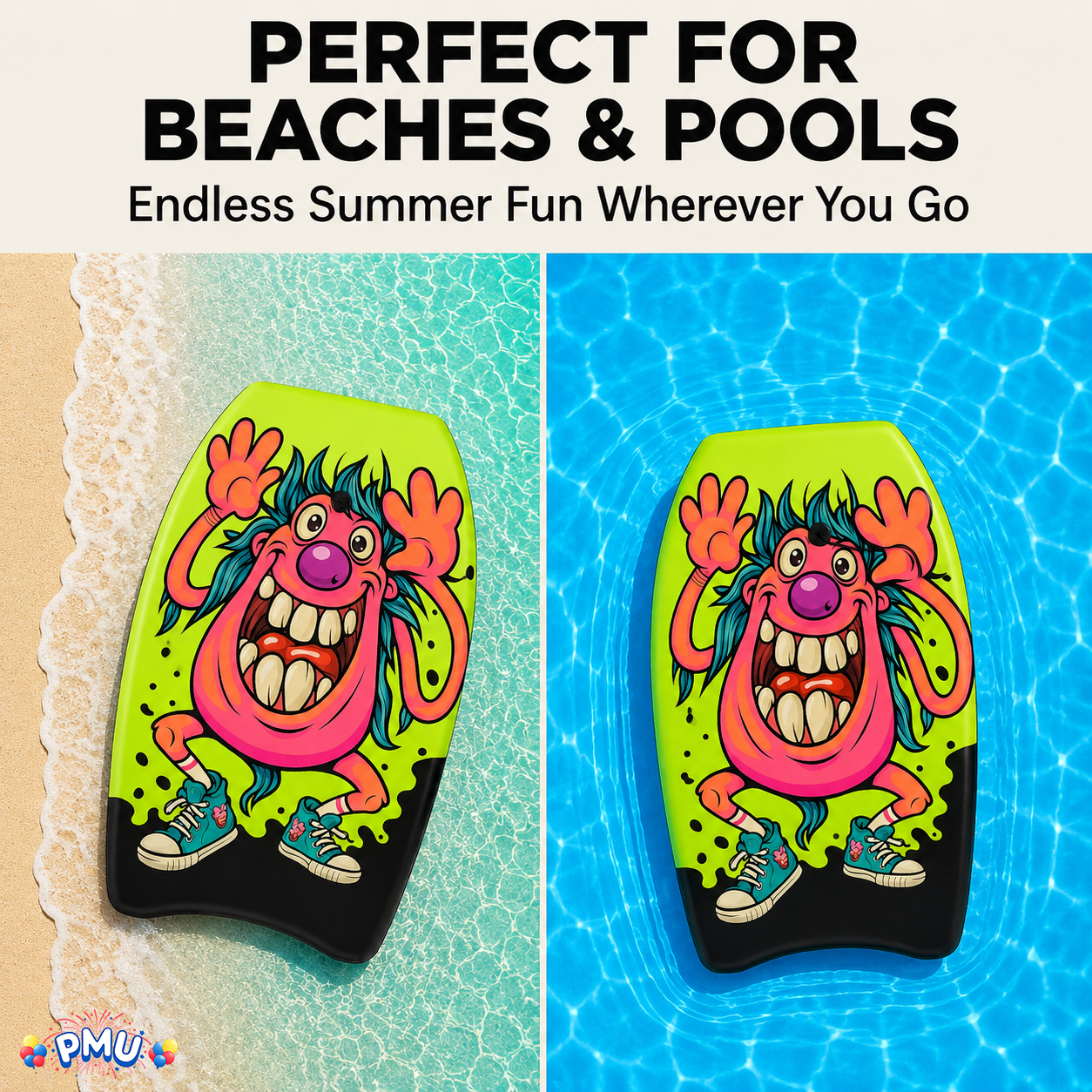PMU 26 Inch Graphics Printed Bodyboard - Lightweight Wrist Leash Slick Bottom Boogie Board for Beach, Sea & Pool - Surfing Board for Kids, Teens & Adults Wave Conditions  Pkg/1
