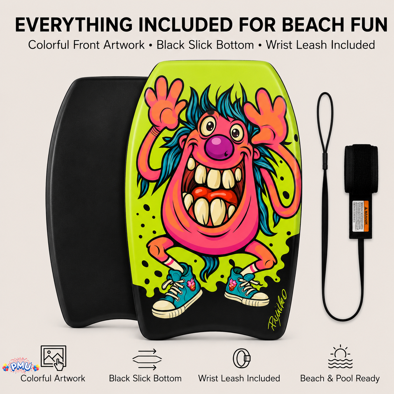 PMU 26 Inch Graphics Printed Bodyboard - Lightweight Wrist Leash Slick Bottom Boogie Board for Beach, Sea & Pool - Surfing Board for Kids, Teens & Adults Wave Conditions  Pkg/1