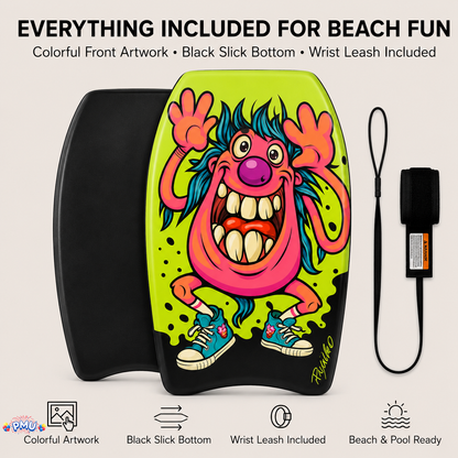 PMU 26 Inch Graphics Printed Bodyboard - Lightweight Wrist Leash Slick Bottom Boogie Board for Beach, Sea & Pool - Surfing Board for Kids, Teens & Adults Wave Conditions  Pkg/1