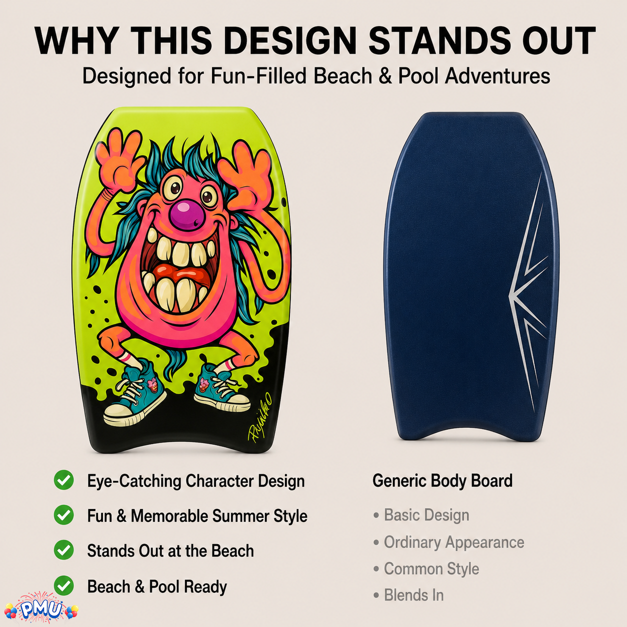 PMU 26 Inch Graphics Printed Bodyboard - Lightweight Wrist Leash Slick Bottom Boogie Board for Beach, Sea & Pool - Surfing Board for Kids, Teens & Adults Wave Conditions  Pkg/1