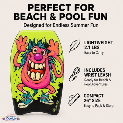 PMU 26 Inch Graphics Printed Bodyboard - Lightweight Wrist Leash Slick Bottom Boogie Board for Beach, Sea & Pool - Surfing Board for Kids, Teens & Adults Wave Conditions  Pkg/1