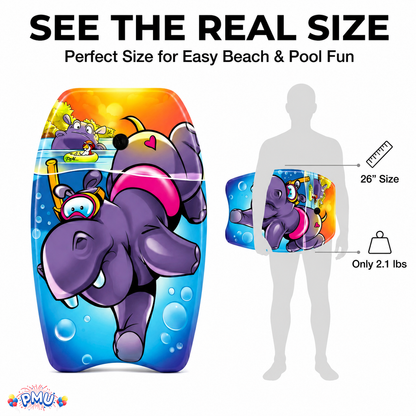 PMU 26 Inch Graphics Printed Bodyboard - Lightweight Wrist Leash Slick Bottom Boogie Board for Beach, Sea & Pool - Surfing Board for Kids, Teens & Adults Wave Conditions  Pkg/1