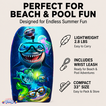PMU 33 Inch Printed Bodyboard - Lightweight Wrist Leash Slick Bottom Boogie Board for Beach, Sea & Pool - Surfing Board for Kids, Teens & Adults Wave Conditions Pkg/1