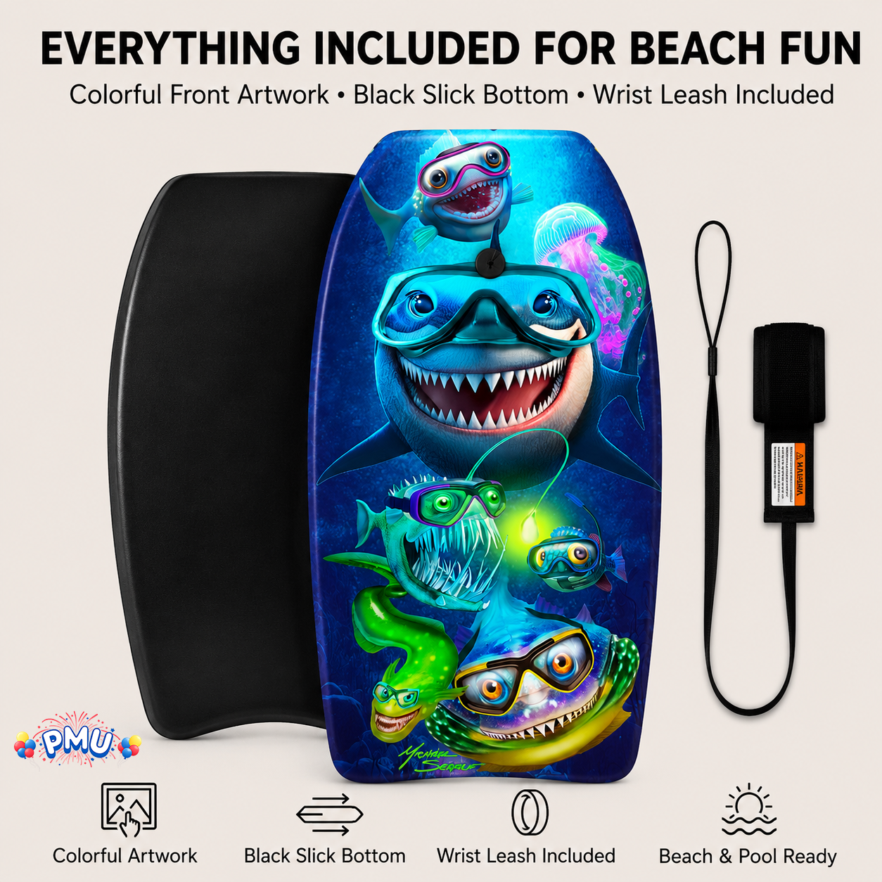PMU 33 Inch Printed Bodyboard - Lightweight Wrist Leash Slick Bottom Boogie Board for Beach, Sea & Pool - Surfing Board for Kids, Teens & Adults Wave Conditions Pkg/1