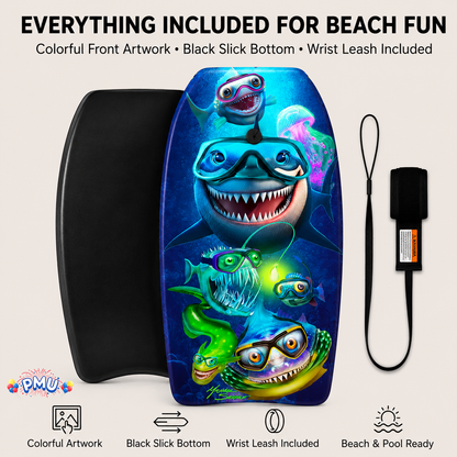 PMU 33 Inch Printed Bodyboard - Lightweight Wrist Leash Slick Bottom Boogie Board for Beach, Sea & Pool - Surfing Board for Kids, Teens & Adults Wave Conditions Pkg/1