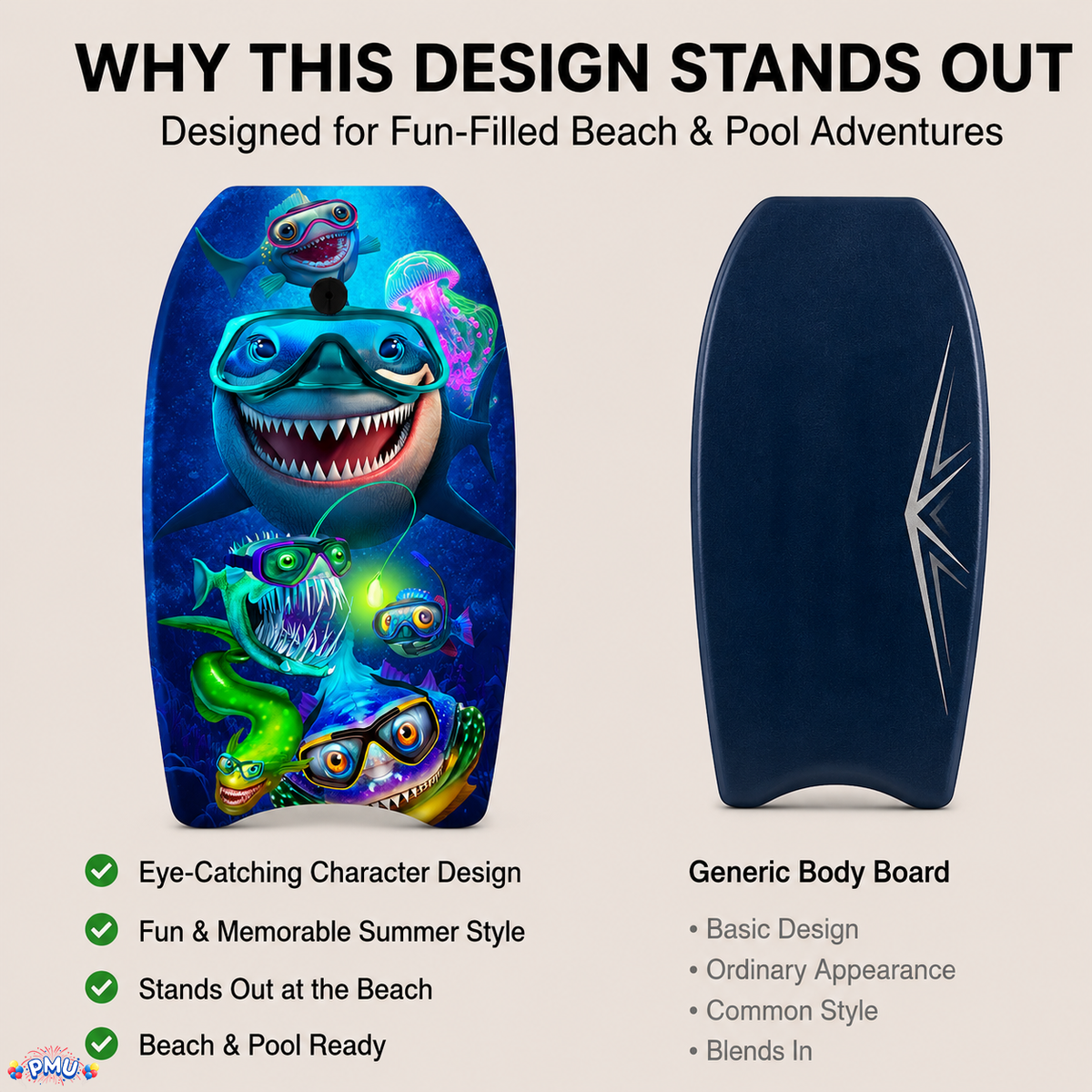 PMU 33 Inch Printed Bodyboard - Lightweight Wrist Leash Slick Bottom Boogie Board for Beach, Sea & Pool - Surfing Board for Kids, Teens & Adults Wave Conditions Pkg/1