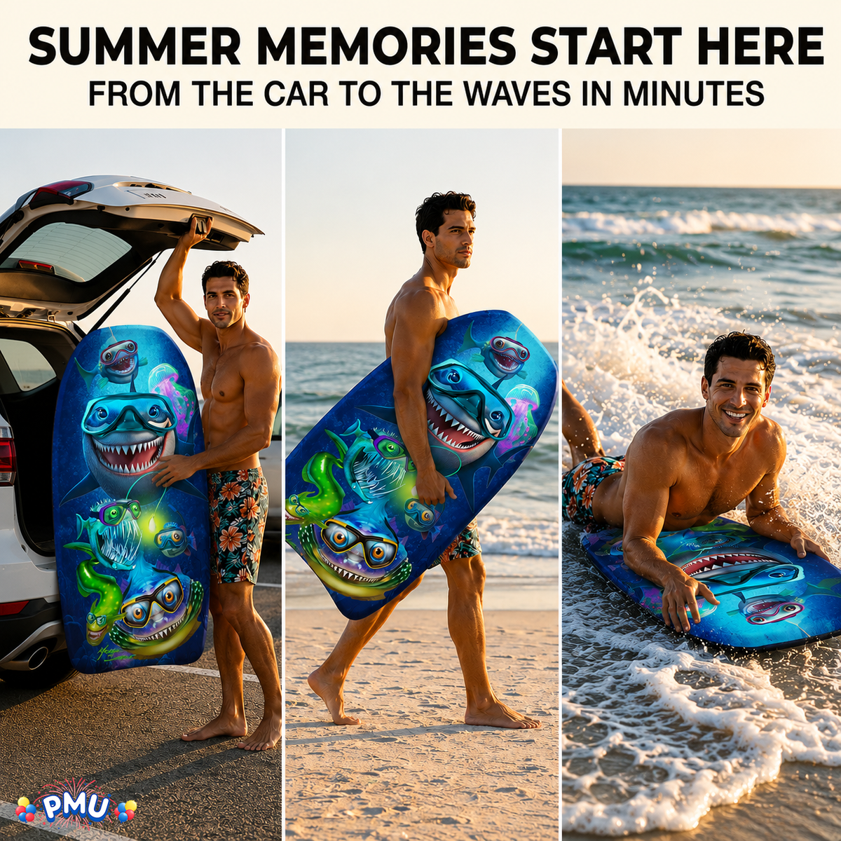 PMU 33 Inch Printed Bodyboard - Lightweight Wrist Leash Slick Bottom Boogie Board for Beach, Sea & Pool - Surfing Board for Kids, Teens & Adults Wave Conditions Pkg/1