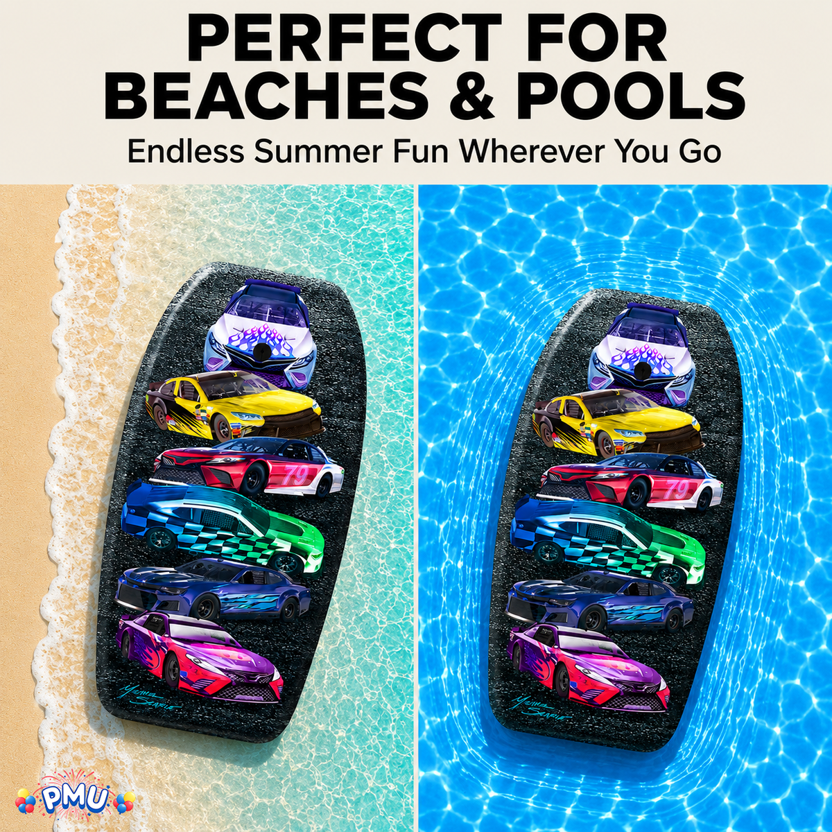 PMU 33 Inch Printed Bodyboard - Lightweight Wrist Leash Slick Bottom Boogie Board for Beach, Sea & Pool - Surfing Board for Kids, Teens & Adults Wave Conditions Pkg/1