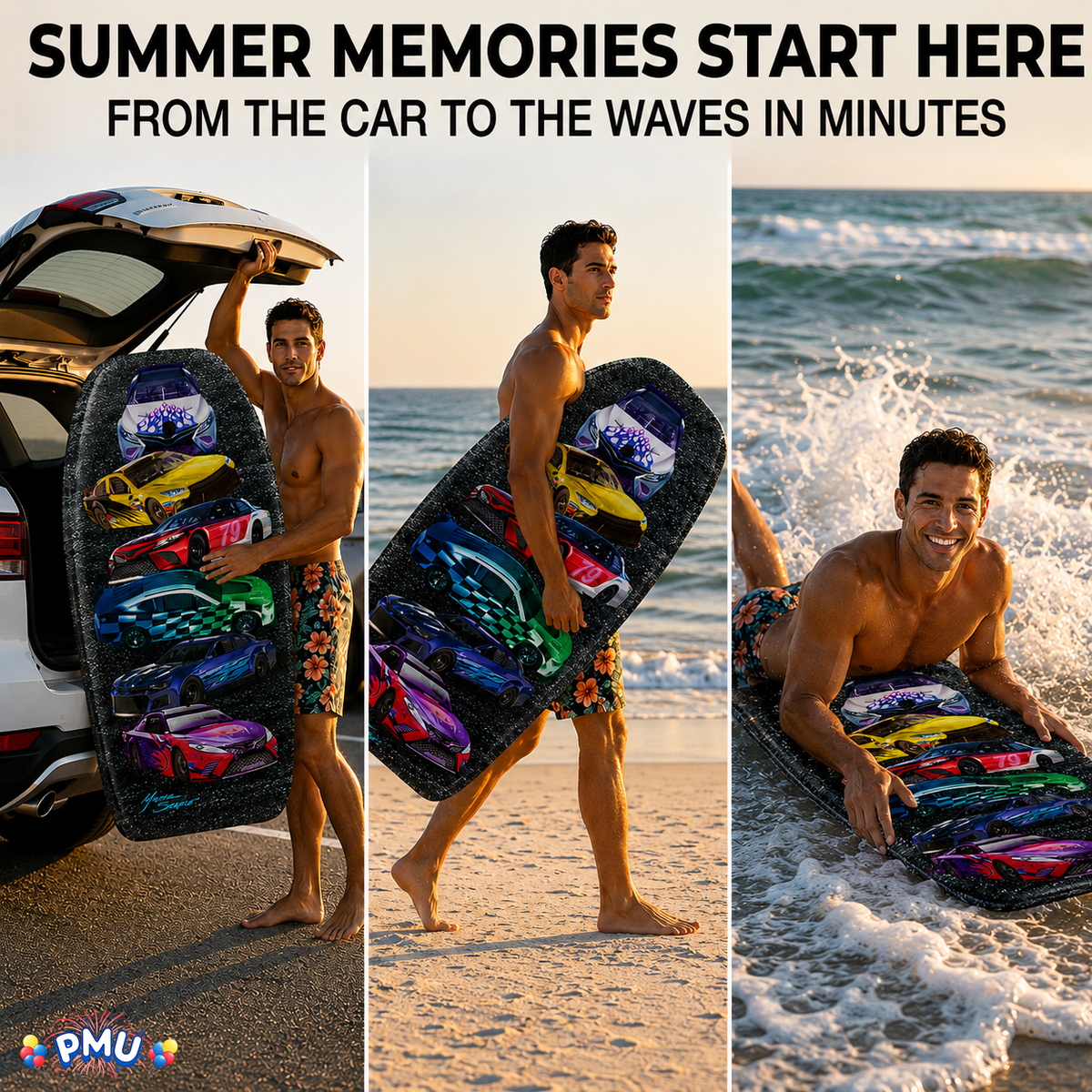 PMU 33 Inch Printed Bodyboard - Lightweight Wrist Leash Slick Bottom Boogie Board for Beach, Sea & Pool - Surfing Board for Kids, Teens & Adults Wave Conditions Pkg/1