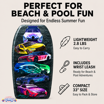 PMU 33 Inch Printed Bodyboard - Lightweight Wrist Leash Slick Bottom Boogie Board for Beach, Sea & Pool - Surfing Board for Kids, Teens & Adults Wave Conditions Pkg/1