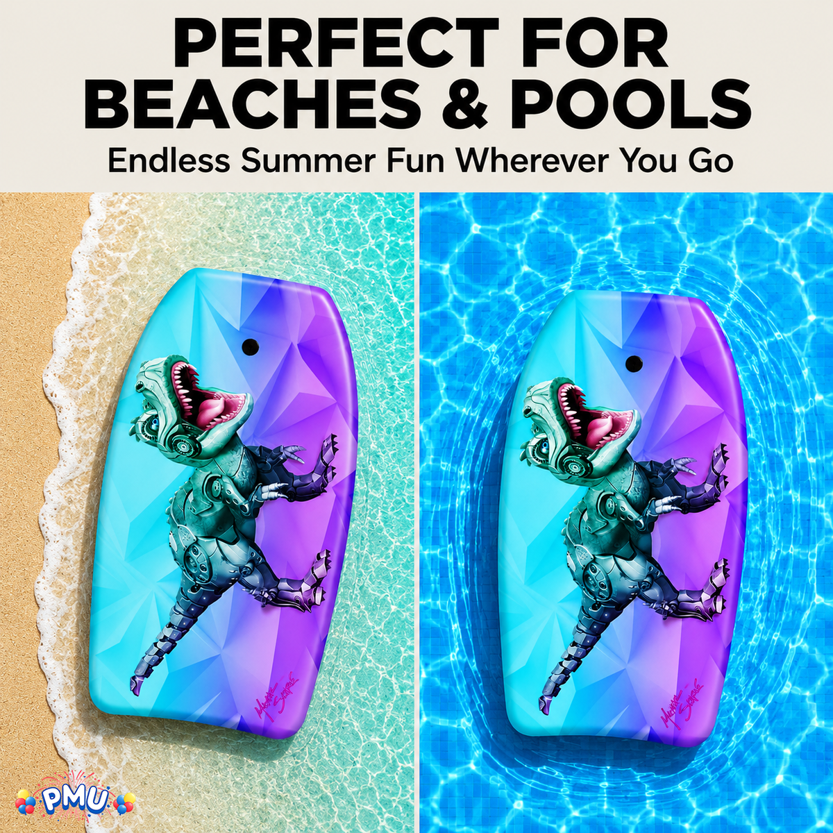 PMU 33 Inch Printed Bodyboard - Lightweight Wrist Leash Slick Bottom Boogie Board for Beach, Sea & Pool - Surfing Board for Kids, Teens & Adults Wave Conditions Pkg/1