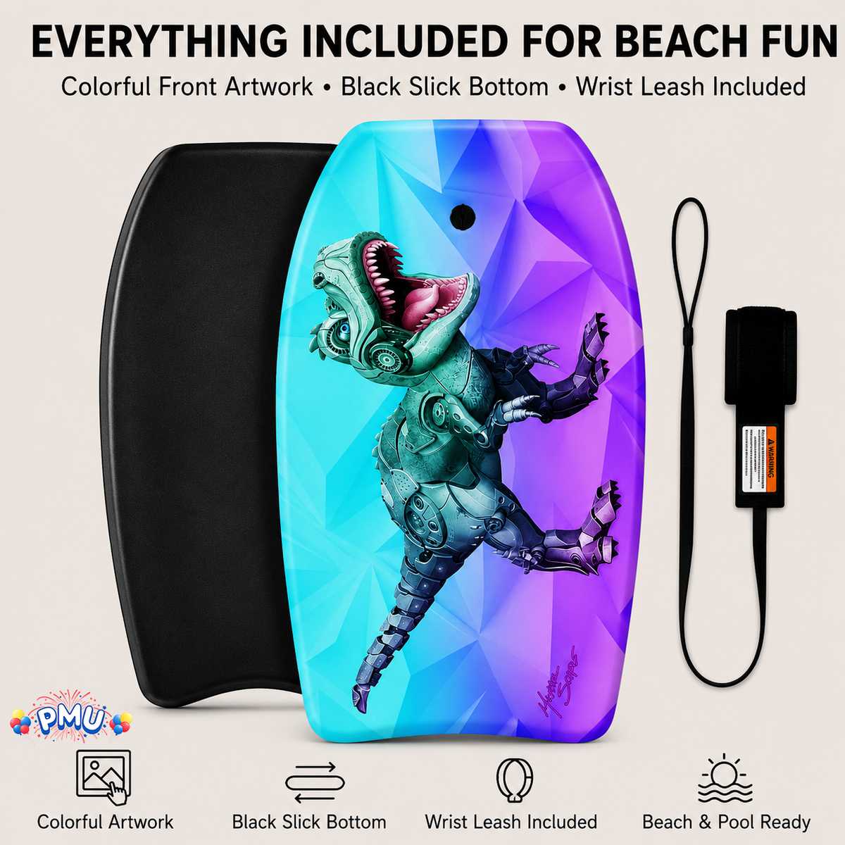 PMU 33 Inch Printed Bodyboard - Lightweight Wrist Leash Slick Bottom Boogie Board for Beach, Sea & Pool - Surfing Board for Kids, Teens & Adults Wave Conditions Pkg/1