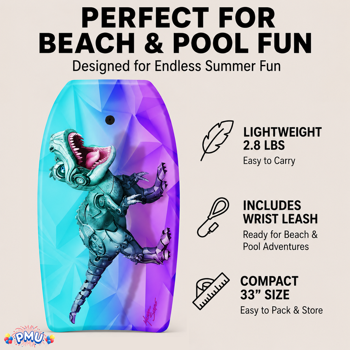 PMU 33 Inch Printed Bodyboard - Lightweight Wrist Leash Slick Bottom Boogie Board for Beach, Sea & Pool - Surfing Board for Kids, Teens & Adults Wave Conditions Pkg/1