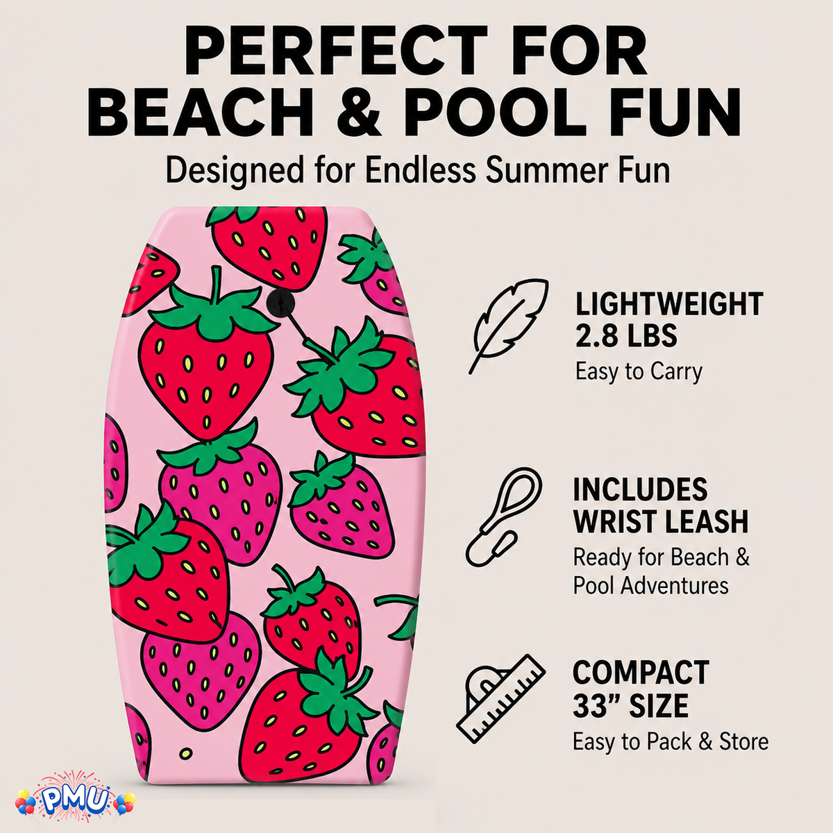 PMU 33 Inch Printed Bodyboard - Lightweight Wrist Leash Slick Bottom Boogie Board for Beach, Sea & Pool - Surfing Board for Kids, Teens & Adults Wave Conditions Pkg/1