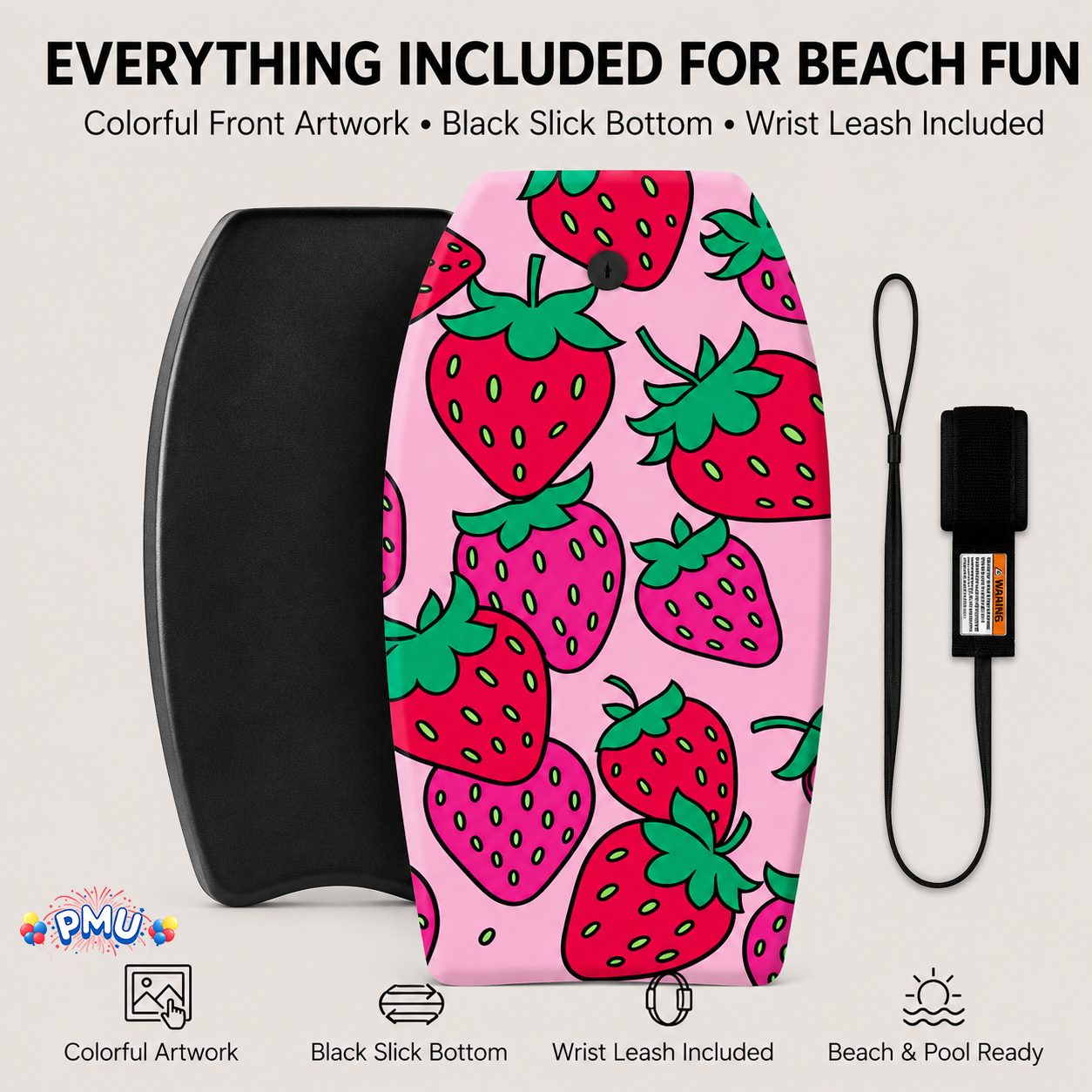 PMU 33 Inch Printed Bodyboard - Lightweight Wrist Leash Slick Bottom Boogie Board for Beach, Sea & Pool - Surfing Board for Kids, Teens & Adults Wave Conditions Pkg/1