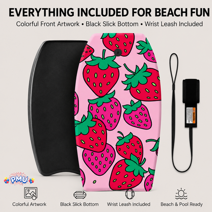 PMU 33 Inch Printed Bodyboard - Lightweight Wrist Leash Slick Bottom Boogie Board for Beach, Sea & Pool - Surfing Board for Kids, Teens & Adults Wave Conditions Pkg/1