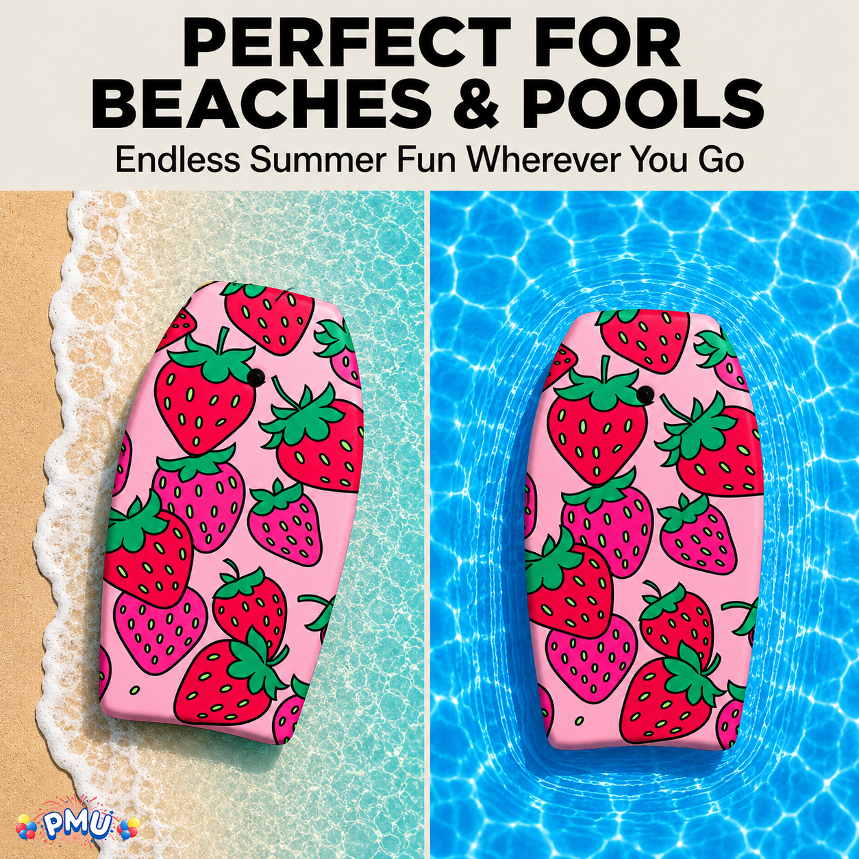 PMU 33 Inch Printed Bodyboard - Lightweight Wrist Leash Slick Bottom Boogie Board for Beach, Sea & Pool - Surfing Board for Kids, Teens & Adults Wave Conditions Pkg/1