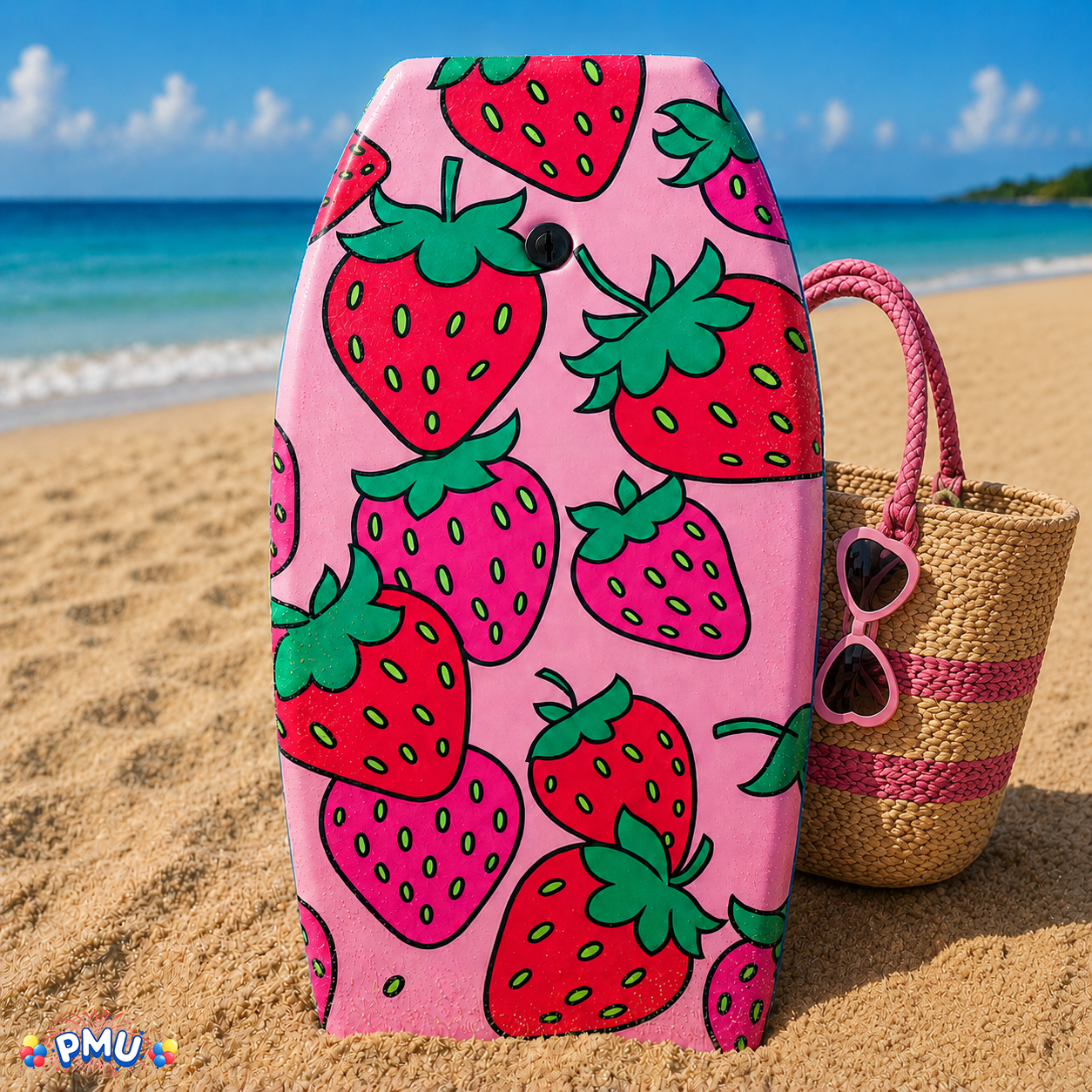 PMU 33 Inch Printed Bodyboard - Lightweight Wrist Leash Slick Bottom Boogie Board for Beach, Sea & Pool - Surfing Board for Kids, Teens & Adults Wave Conditions Pkg/1