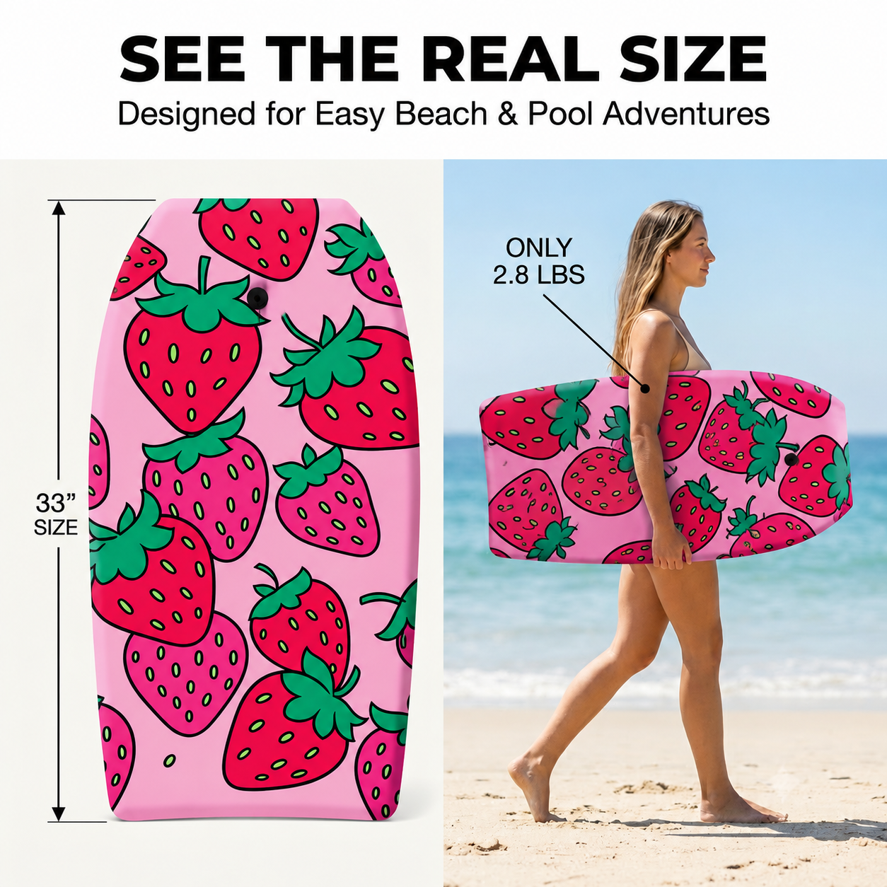 PMU 33 Inch Printed Bodyboard - Lightweight Wrist Leash Slick Bottom Boogie Board for Beach, Sea & Pool - Surfing Board for Kids, Teens & Adults Wave Conditions Pkg/1