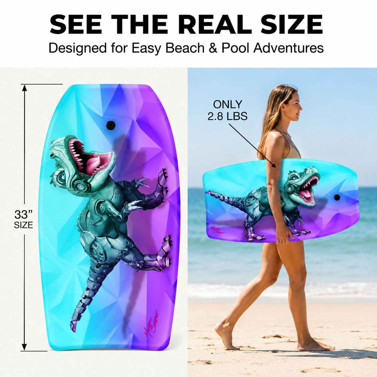 PMU 33 Inch Printed Bodyboard - Lightweight Wrist Leash Slick Bottom Boogie Board for Beach, Sea & Pool - Surfing Board for Kids, Teens & Adults Wave Conditions Pkg/1