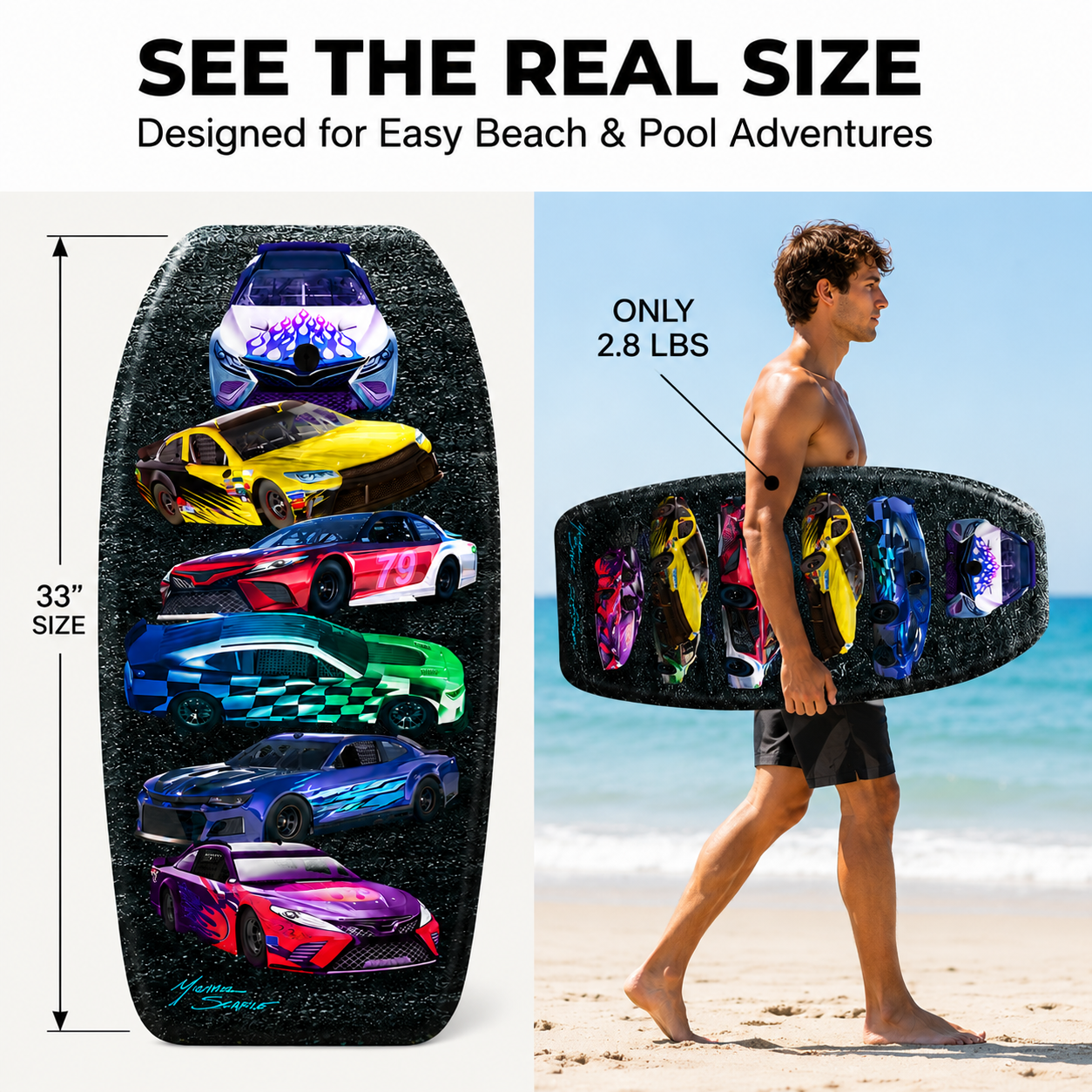PMU 33 Inch Printed Bodyboard - Lightweight Wrist Leash Slick Bottom Boogie Board for Beach, Sea & Pool - Surfing Board for Kids, Teens & Adults Wave Conditions Pkg/1