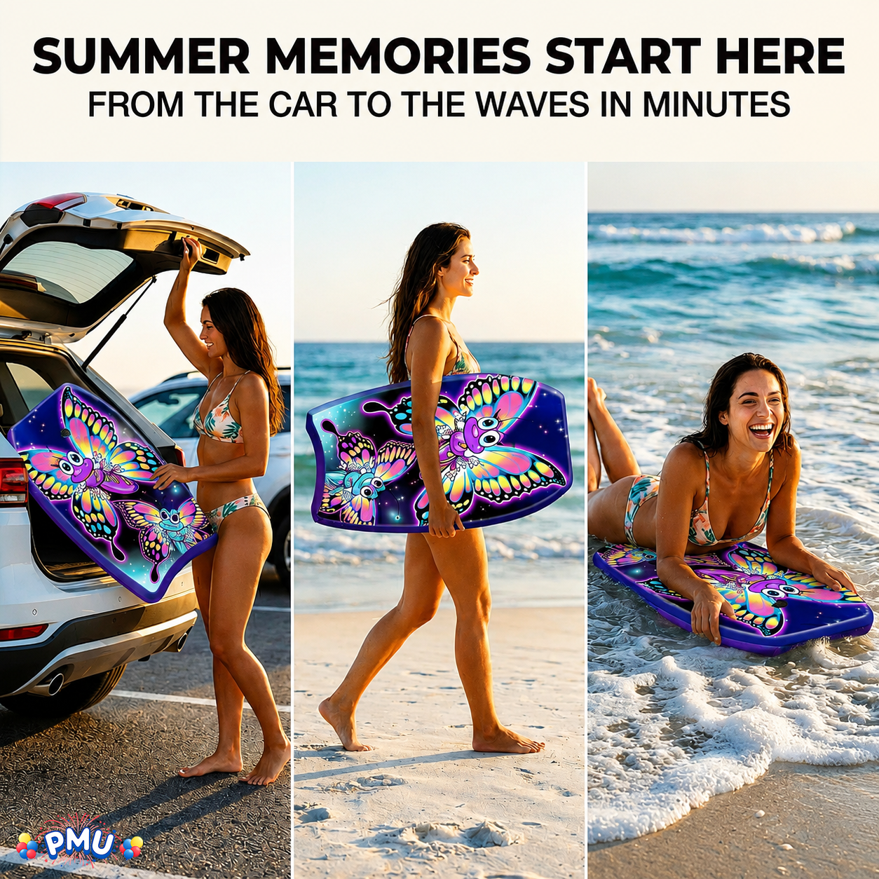 PMU 26 Inch Graphics Printed Bodyboard - Lightweight Wrist Leash Slick Bottom Boogie Board for Beach, Sea & Pool - Surfing Board for Kids, Teens & Adults Wave Conditions  Pkg/1