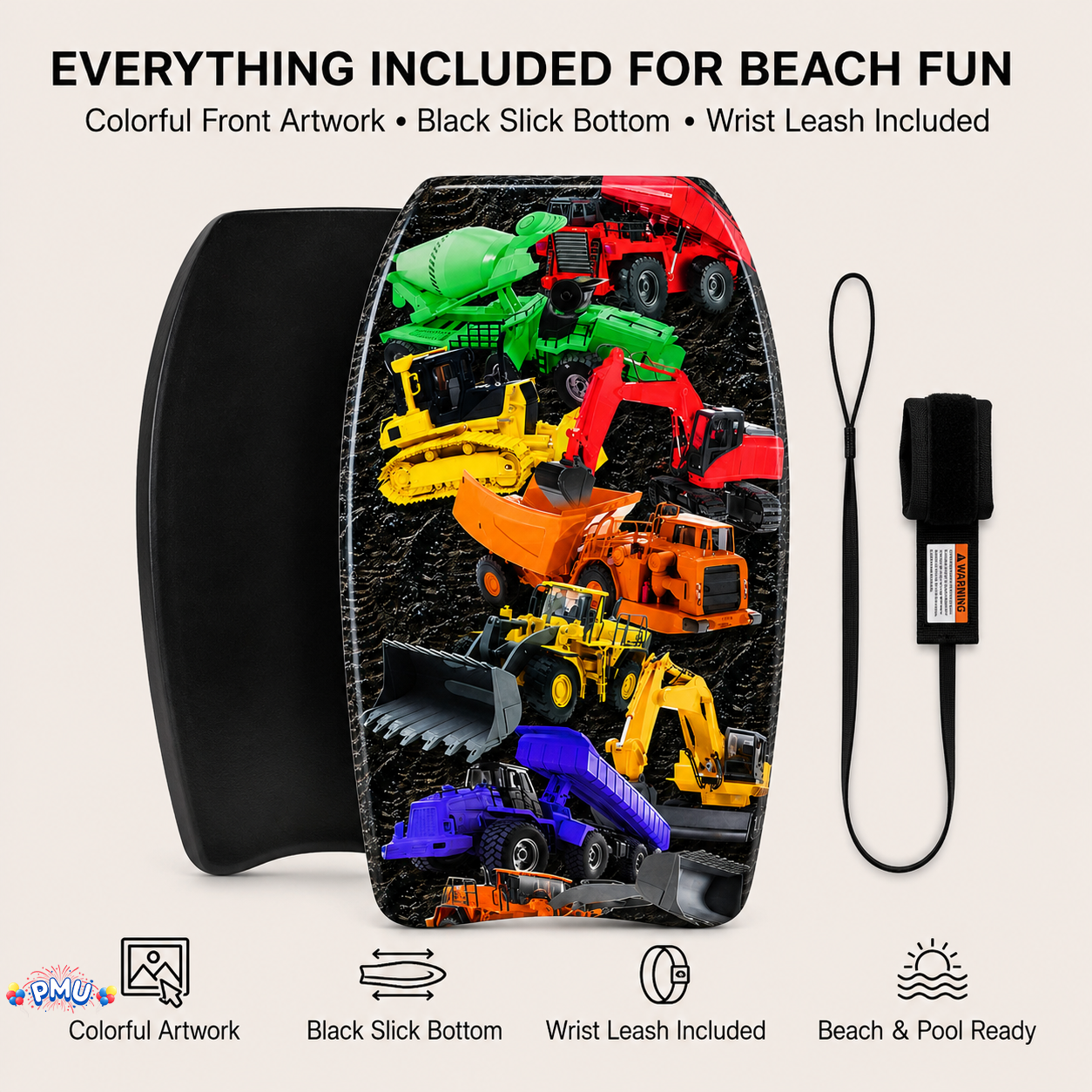 PMU 26 Inch Graphics Printed Bodyboard - Lightweight Wrist Leash Slick Bottom Boogie Board for Beach, Sea & Pool - Surfing Board for Kids, Teens & Adults Wave Conditions  Pkg/1