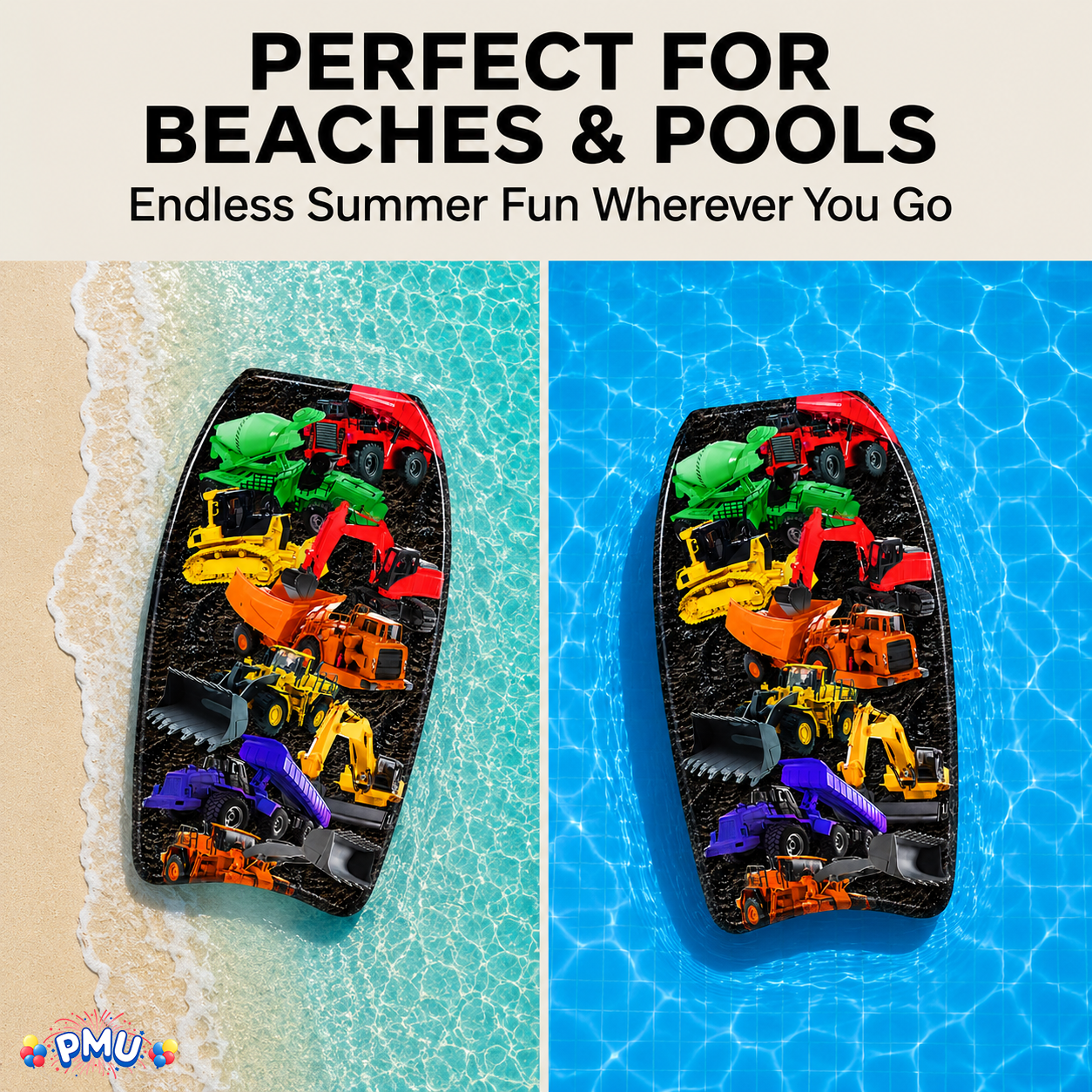 PMU 26 Inch Graphics Printed Bodyboard - Lightweight Wrist Leash Slick Bottom Boogie Board for Beach, Sea & Pool - Surfing Board for Kids, Teens & Adults Wave Conditions  Pkg/1