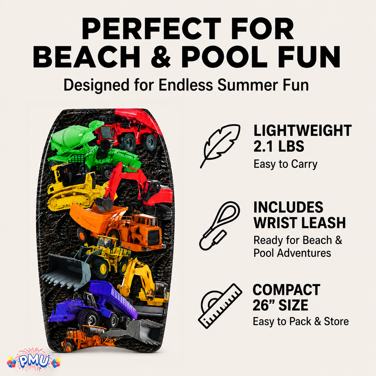 PMU 26 Inch Graphics Printed Bodyboard - Lightweight Wrist Leash Slick Bottom Boogie Board for Beach, Sea & Pool - Surfing Board for Kids, Teens & Adults Wave Conditions  Pkg/1
