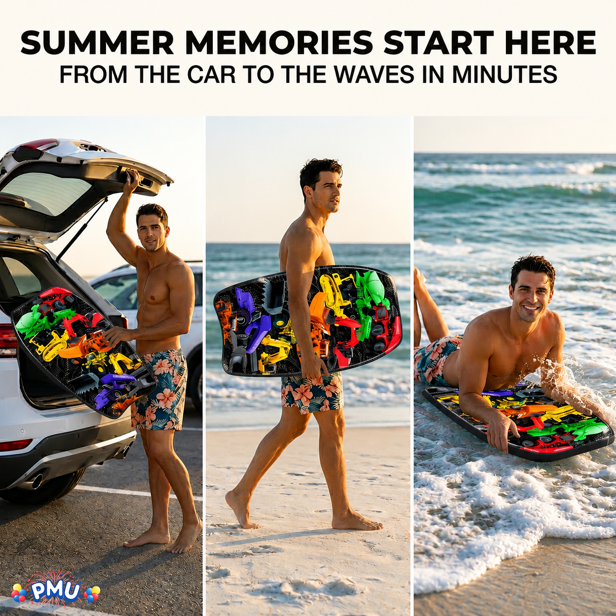 PMU 26 Inch Graphics Printed Bodyboard - Lightweight Wrist Leash Slick Bottom Boogie Board for Beach, Sea & Pool - Surfing Board for Kids, Teens & Adults Wave Conditions  Pkg/1