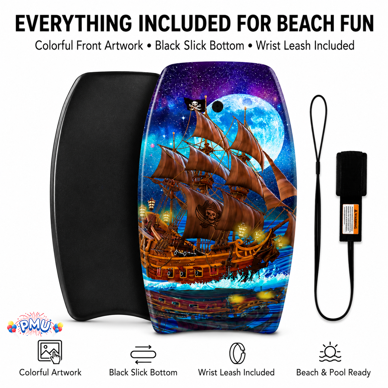 PMU 33 Inch Printed Bodyboard - Lightweight Wrist Leash Slick Bottom Boogie Board for Beach, Sea & Pool - Surfing Board for Kids, Teens & Adults Wave Conditions Pkg/1