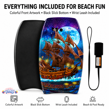 PMU 33 Inch Printed Bodyboard - Lightweight Wrist Leash Slick Bottom Boogie Board for Beach, Sea & Pool - Surfing Board for Kids, Teens & Adults Wave Conditions Pkg/1